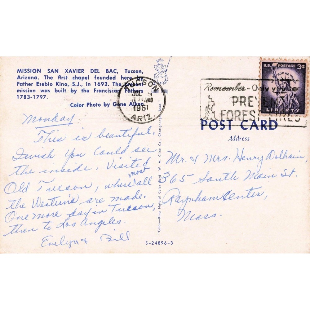 Vintage Mission San Xavier del Bac Tucson Arizona Postcard 1961 Postmark VG - Picture 2 of 2